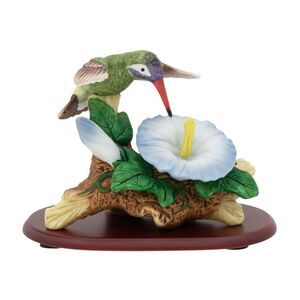 Porcelain White Eared Hummingbird & Morning Glory Figurine with Wooden Base